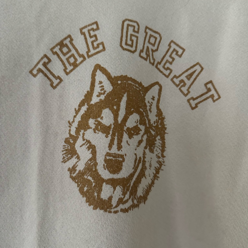 The GREAT College Sweatshirt. Lavender with contrast stitching. Wolf graphic. - Picture 2 of 5